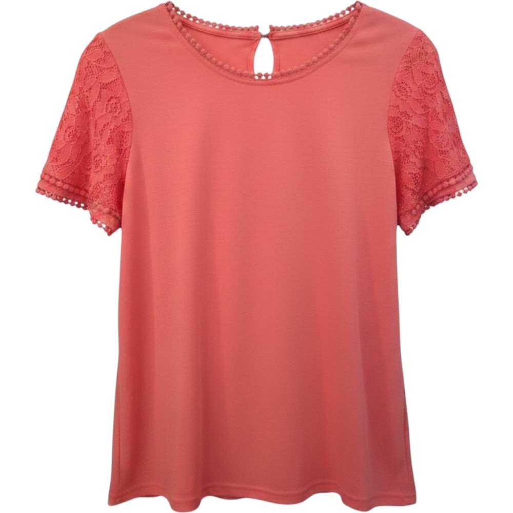 Daisy Fuentes Coral Pink Lace Sleeve Pom Pom Trim Top Medium Keyhole Back M EUC